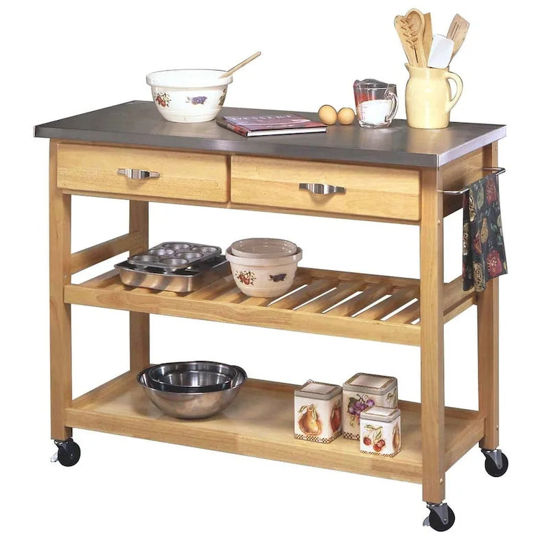 Desserte de cuisine en bois marron avec plateau en acier inoxydable et roulettes blocables