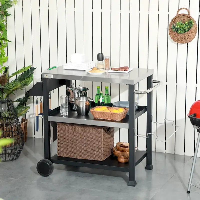 Chariot de desserte pour barbecue d'extérieur à trois étagères avec plateau en acier inoxydable, poignée latérale, support multifonctionnel pour four à pizza