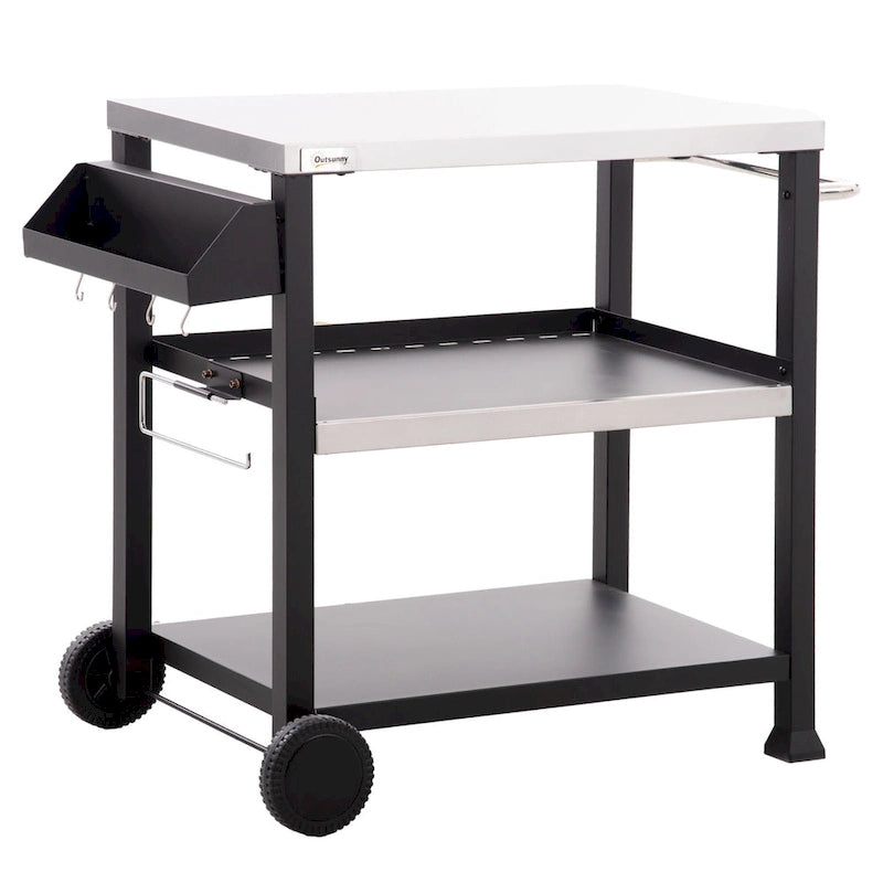 Chariot de desserte pour barbecue d'extérieur à trois étagères avec plateau en acier inoxydable, poignée latérale, support multifonctionnel pour four à pizza