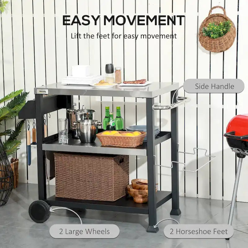 Chariot de desserte pour barbecue d'extérieur à trois étagères avec plateau en acier inoxydable, poignée latérale, support multifonctionnel pour four à pizza
