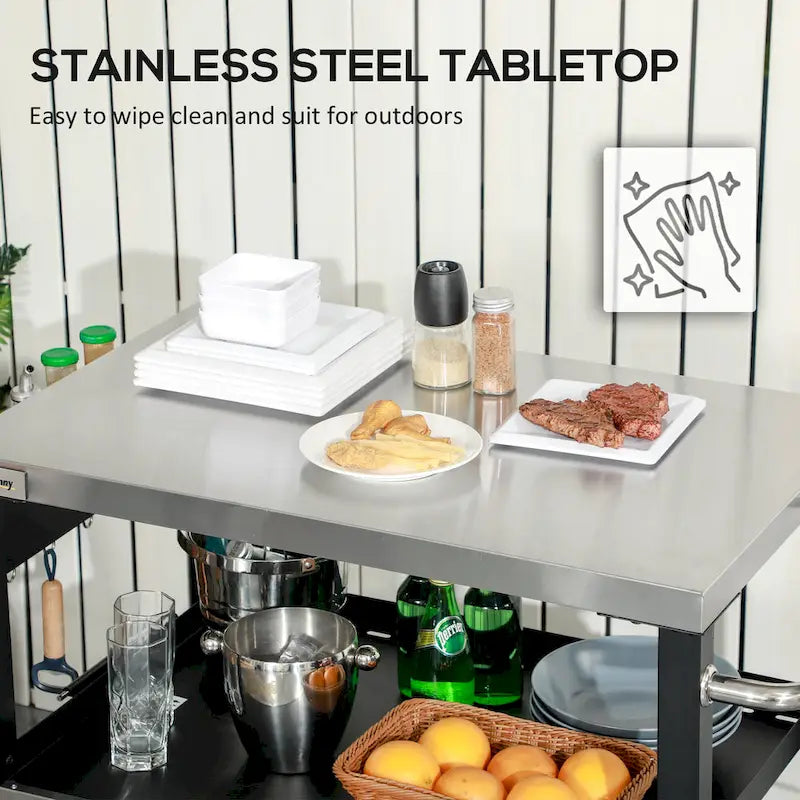 Chariot de desserte pour barbecue d'extérieur à trois étagères avec plateau en acier inoxydable, poignée latérale, support multifonctionnel pour four à pizza