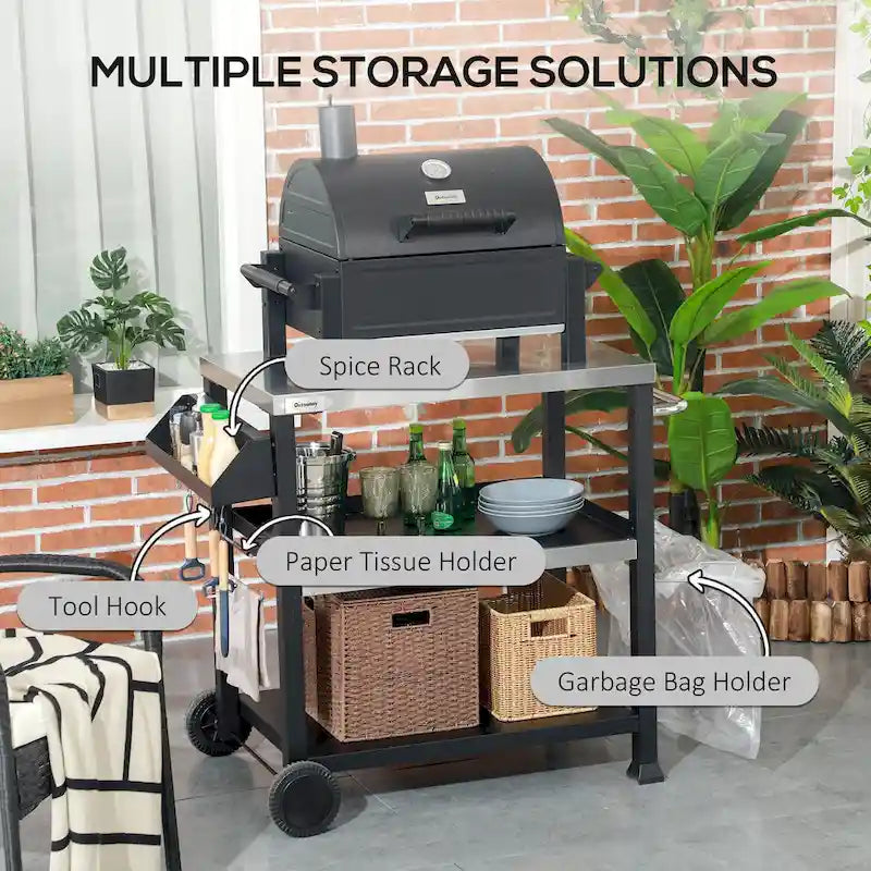 Chariot de desserte pour barbecue d'extérieur à trois étagères avec plateau en acier inoxydable, poignée latérale, support multifonctionnel pour four à pizza