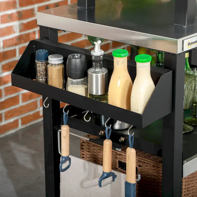 Chariot de desserte pour barbecue d'extérieur à trois étagères avec plateau en acier inoxydable, poignée latérale, support multifonctionnel pour four à pizza