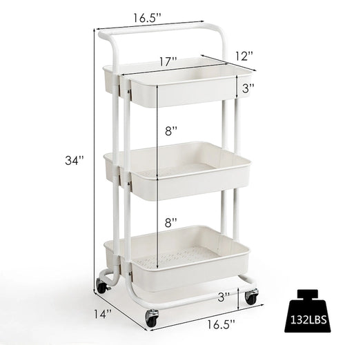 Chariot de rangement métallique à roulettes à 3 niveaux avec roulettes