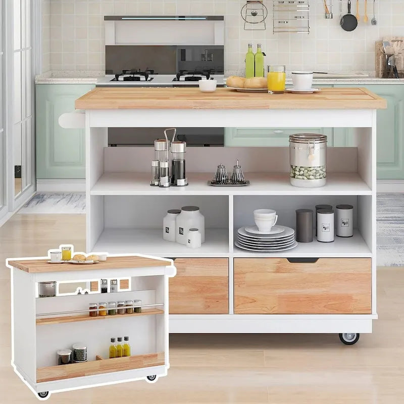 Îlot de cuisine sur roulettes avec compartiments ouverts et 2 tiroirs