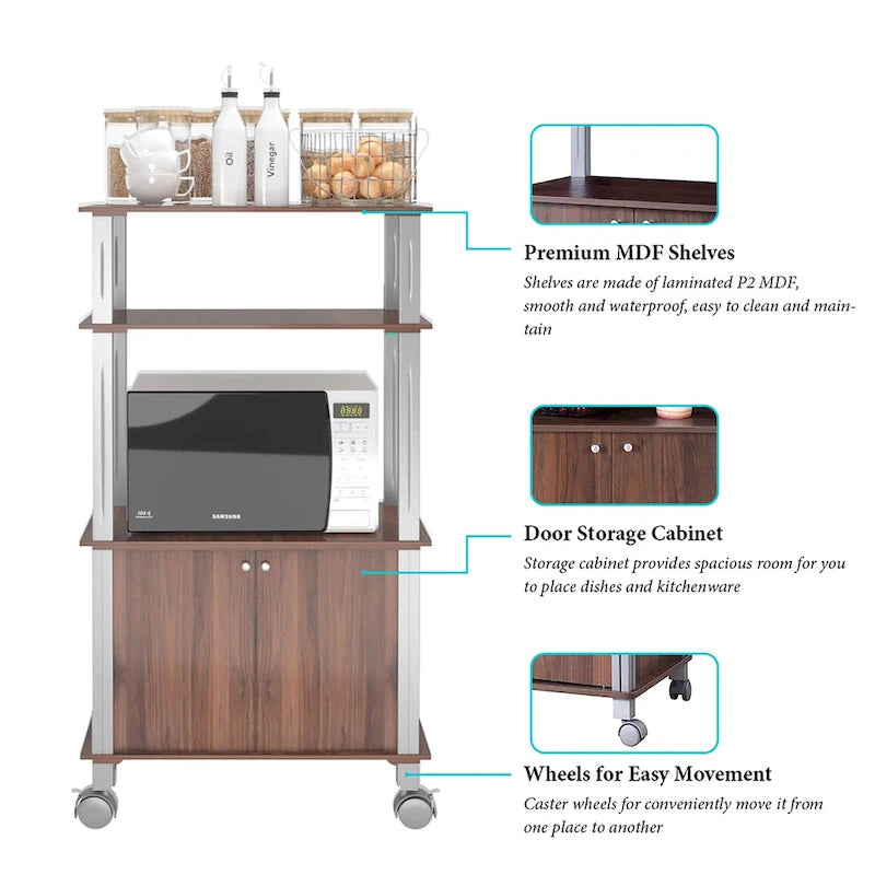 Meuble de cuisine roulant pour micro-ondes avec 3 étagères de rangement et roulettes