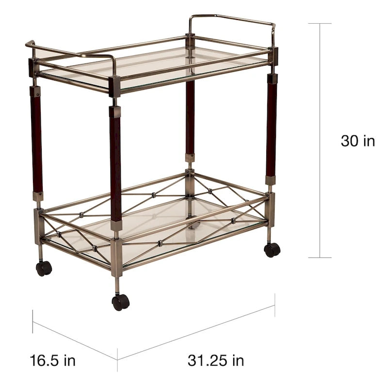 Desserte à roulettes en verre à 2 étages avec structure en métal