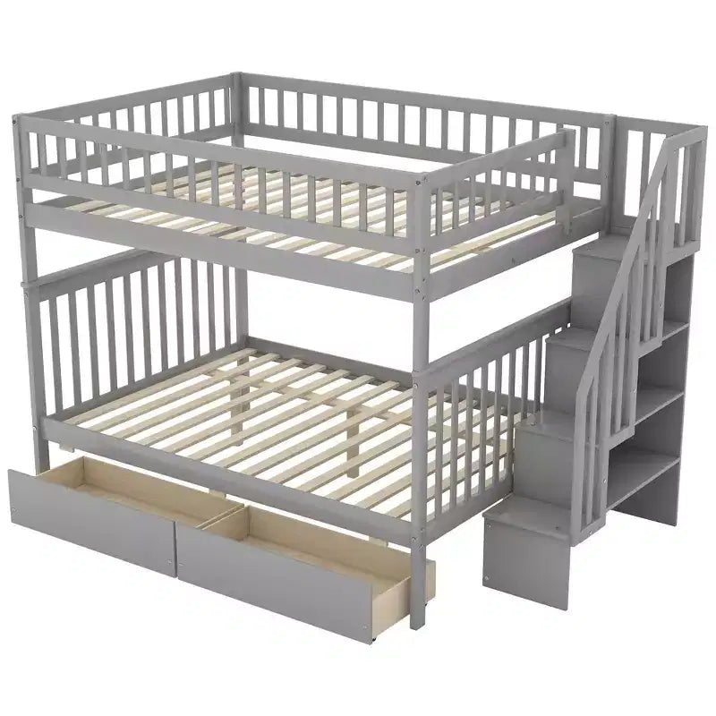 Full over Full Bunk Bed with Two Storage Drawers and Storage Shelves for Kids Teens Adults Bedroom
