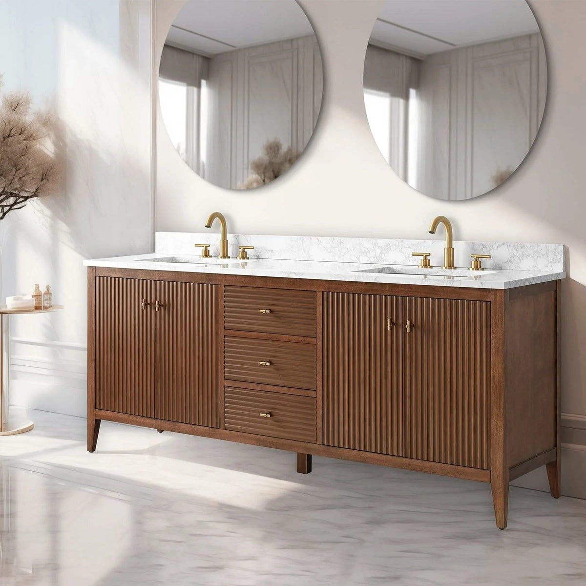 Vanity Art 72 Double Sink Bathroom Vanity Cabinet with Engineered Marble Top