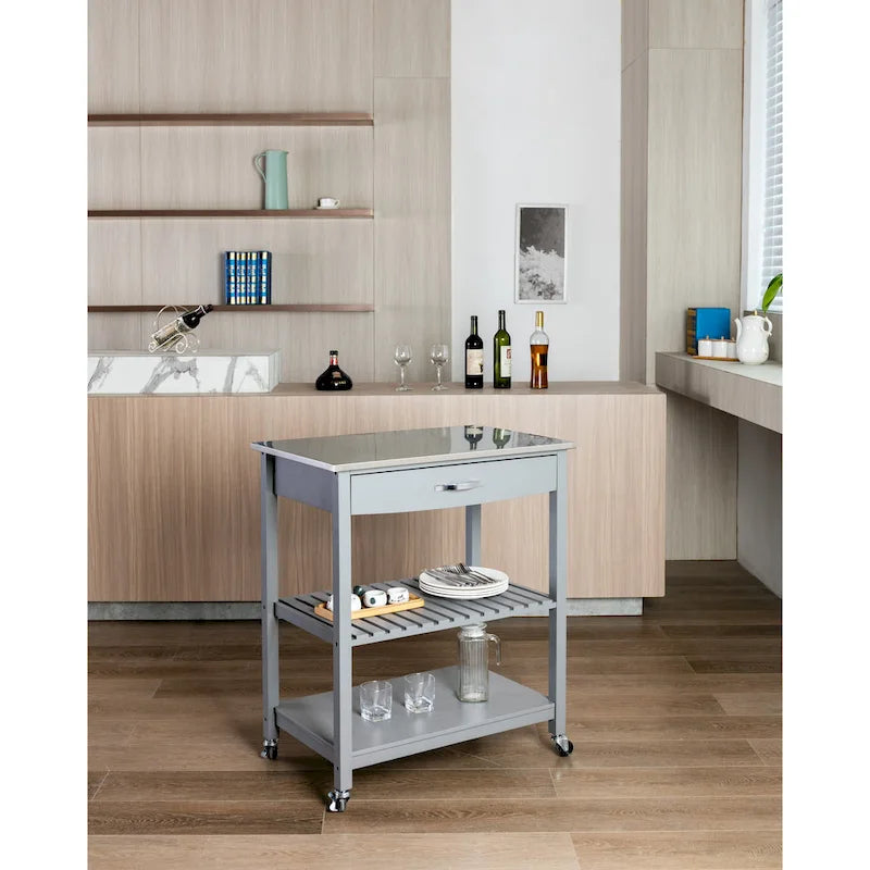 Desserte de cuisine avec plateau en acier inoxydable et étagères de rangement