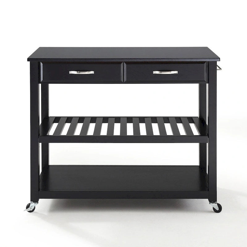 Îlot de cuisine mobile en granit noir massif avec comptoir en bois et tiroirs de rangement noirs