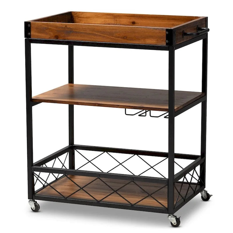 Desserte de bar industrielle brun chêne avec porte-verres à pied