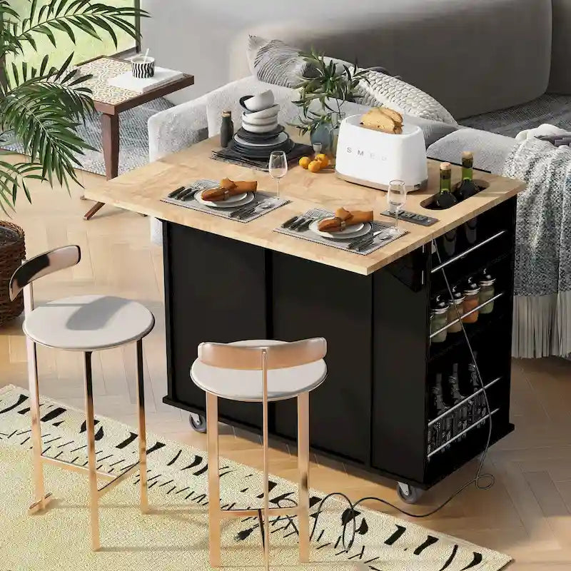 Desserte de cuisine avec prise de courant, abattant, porte-verres à vin et plateau en bois d'hévéa