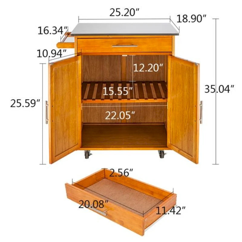 Desserte de cuisine mobile avec plateau en acier inoxydable, un tiroir et un meuble de rangement
