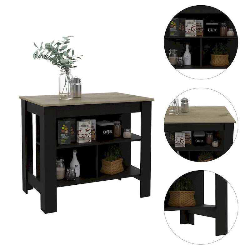 Îlot de cuisine noir et chêne avec 3 étagères de rangement et plateau en bois