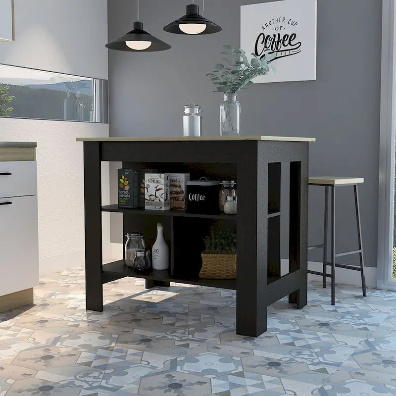 Îlot de cuisine noir et chêne avec 3 étagères de rangement et plateau en bois