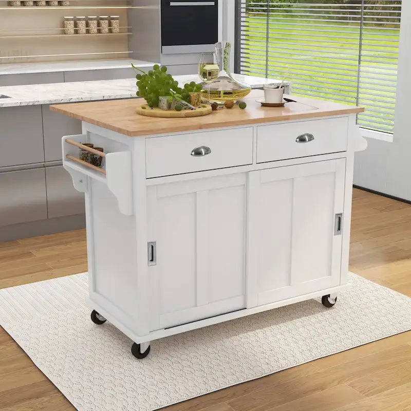 Îlot de cuisine roulant avec plan de travail en bois d'hévéa à abattant et porte de grange coulissante