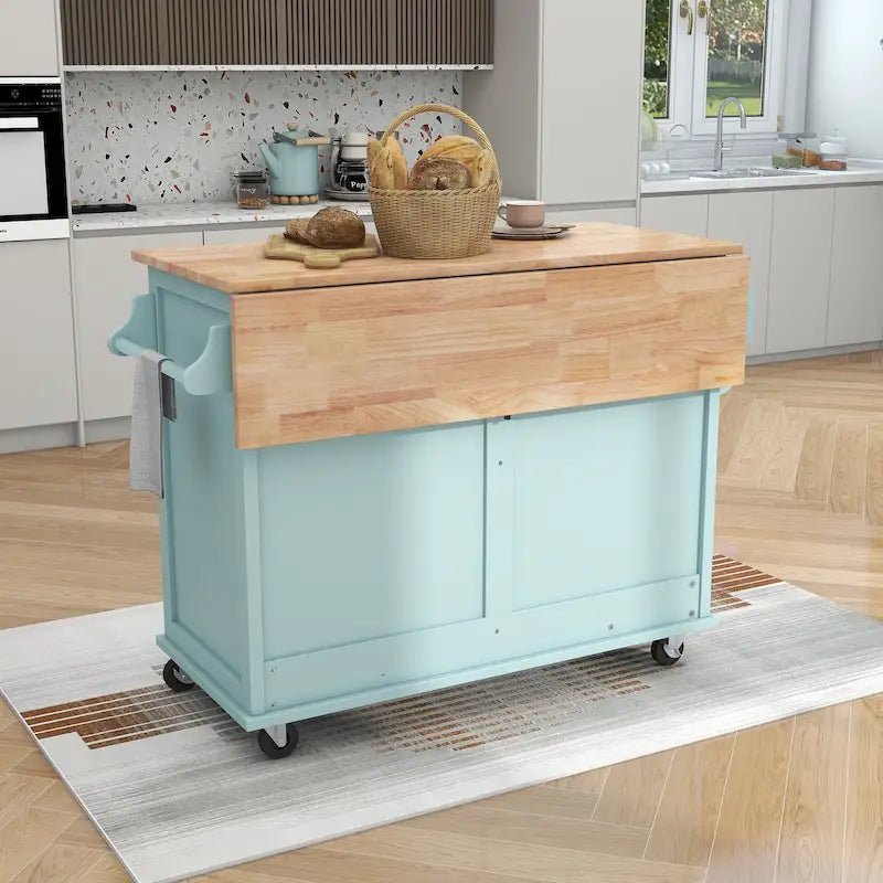 Îlot de cuisine roulant avec plan de travail en bois d'hévéa à abattant et porte de grange coulissante