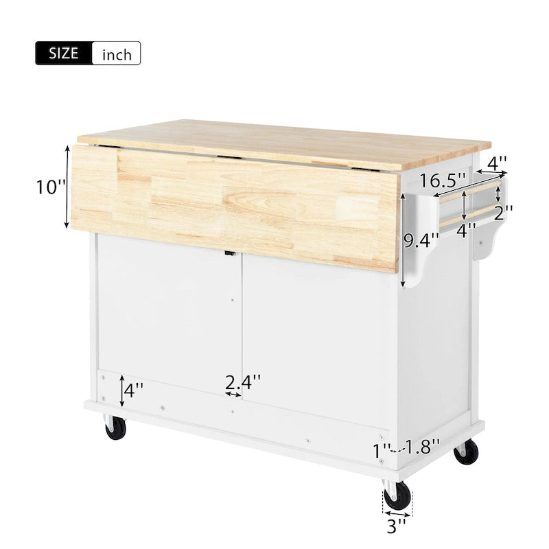 Îlot de cuisine roulant avec plan de travail en bois d'hévéa à abattant et porte de grange coulissante