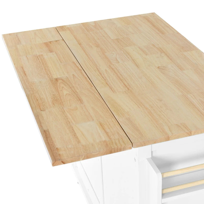 Îlot de cuisine roulant avec plan de travail en bois d'hévéa à abattant et porte de grange coulissante