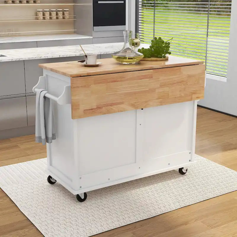 Îlot de cuisine roulant avec plan de travail en bois d'hévéa à abattant et porte de grange coulissante