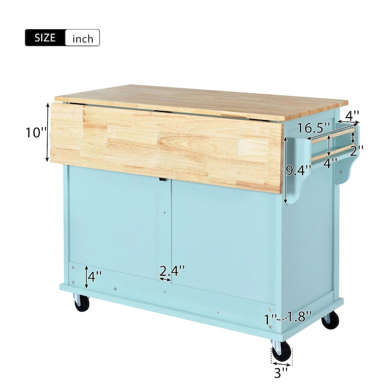 Îlot de cuisine roulant avec plan de travail en bois d'hévéa à abattant et porte de grange coulissante