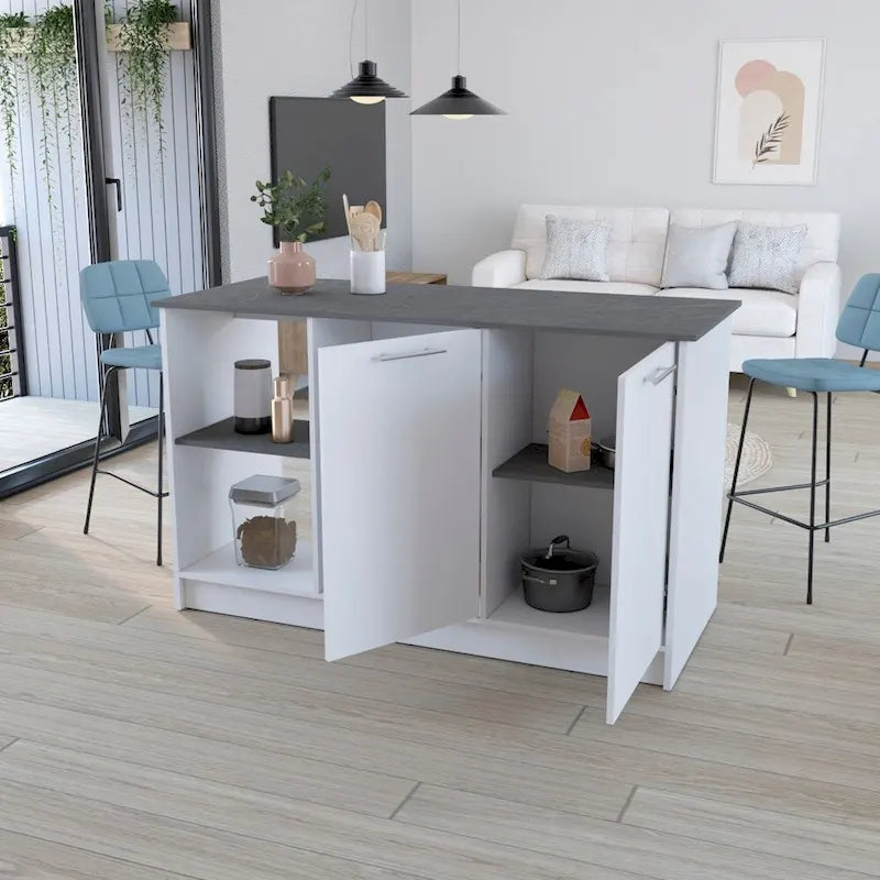 Îlot de cuisine avec deux étagères de rangement ouvertes et un meuble pour la salle à manger