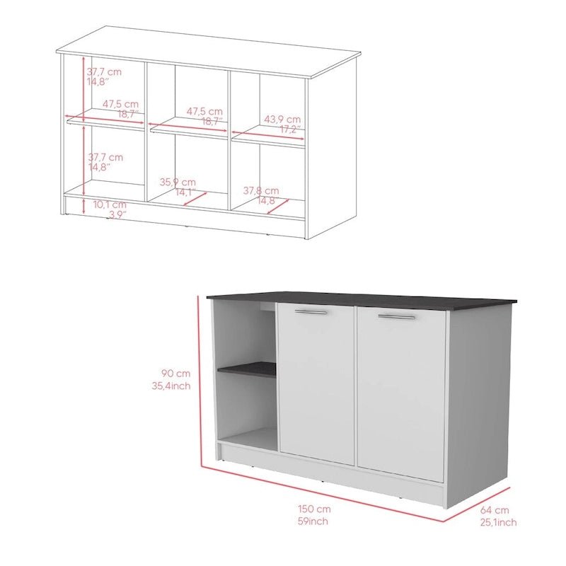 Îlot de cuisine avec deux étagères de rangement ouvertes et un meuble pour la salle à manger