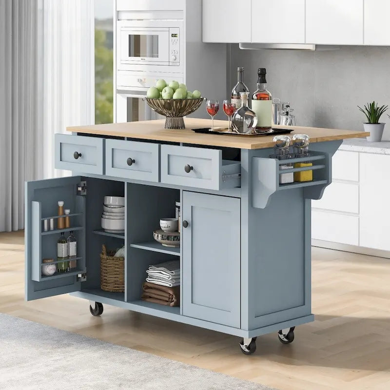 Îlot de Cuisine Roulant avec 5 Roues, Meuble de Rangement et 3 Tiroirs