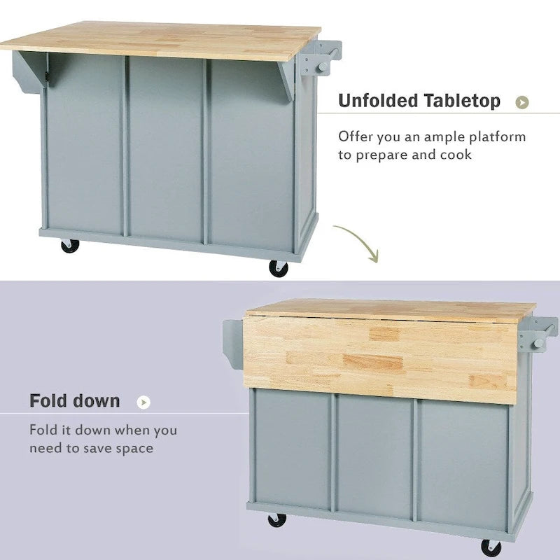Îlot de Cuisine Roulant avec 5 Roues, Meuble de Rangement et 3 Tiroirs