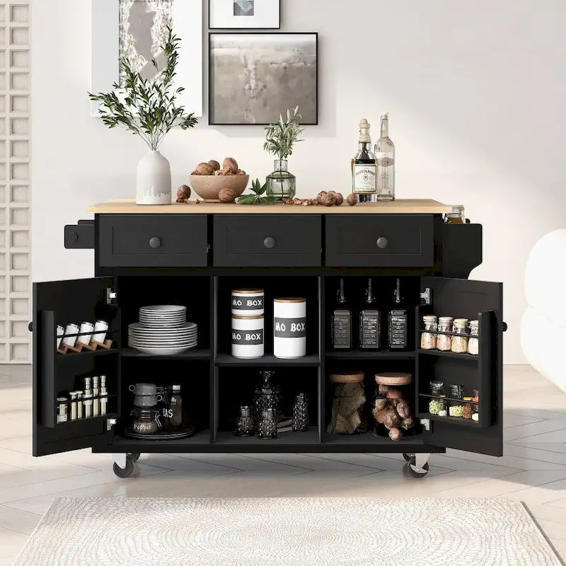 Îlot de Cuisine Roulant avec 5 Roues, Meuble de Rangement et 3 Tiroirs