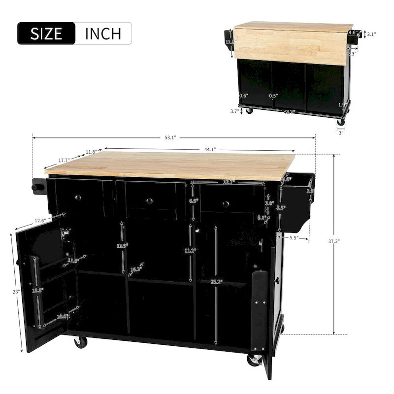 Îlot de Cuisine Roulant avec 5 Roues, Meuble de Rangement et 3 Tiroirs