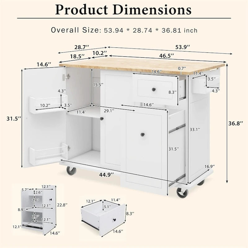 Dessert roulante de cuisine de 137 cm avec abattant en bois