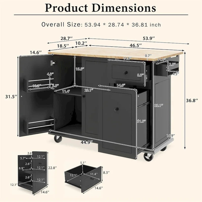 Dessert roulante de cuisine de 137 cm avec abattant en bois