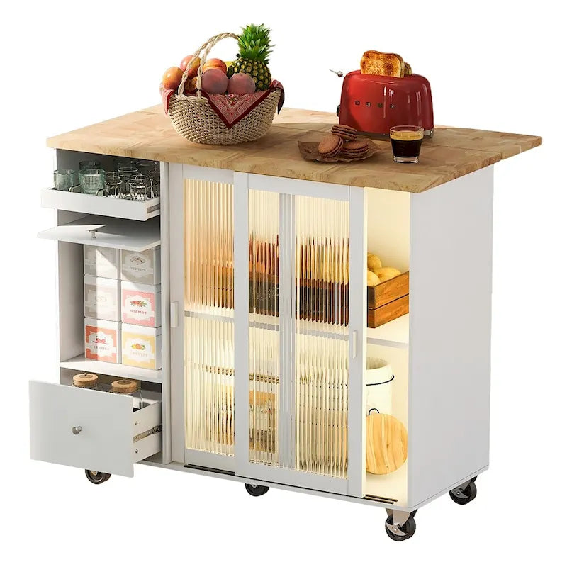Desserte îlot de cuisine avec abattant, lumières LED, roues verrouillables et pieds en bois