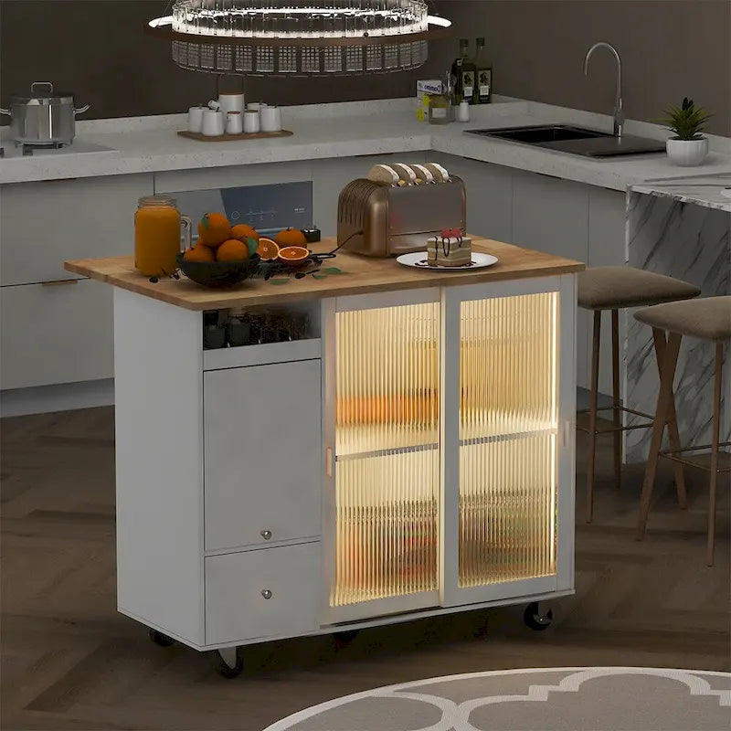 Desserte îlot de cuisine avec abattant, lumières LED, roues verrouillables et pieds en bois