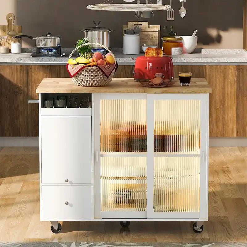 Desserte îlot de cuisine avec abattant, lumières LED, roues verrouillables et pieds en bois