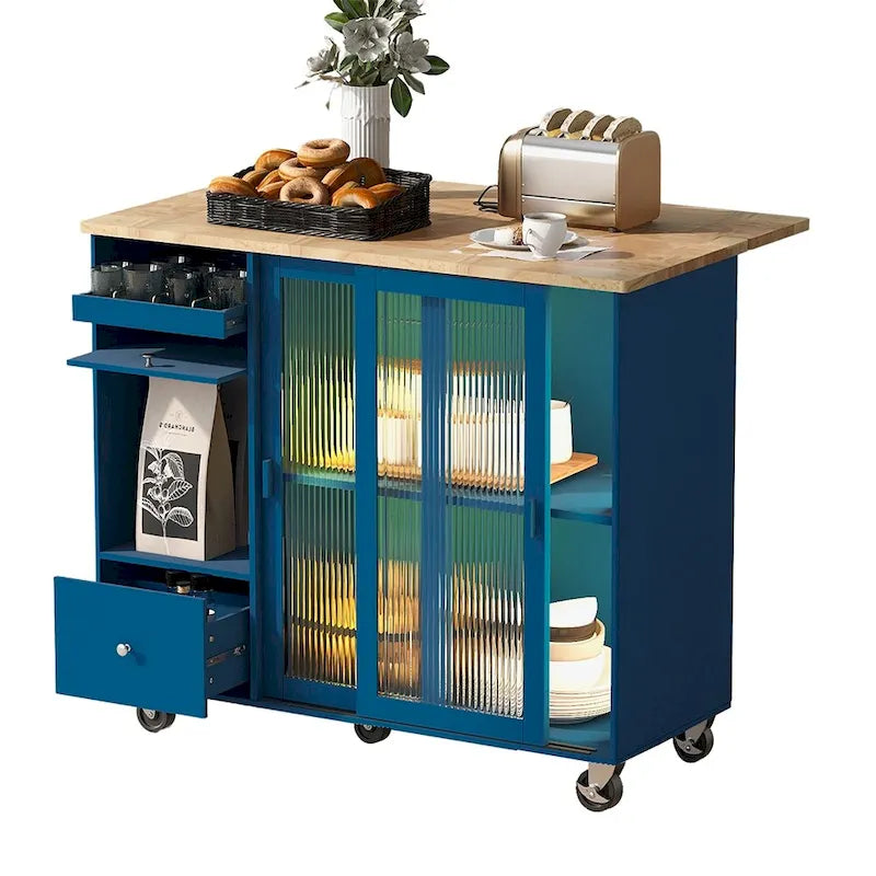 Desserte îlot de cuisine avec abattant, lumières LED, roues verrouillables et pieds en bois