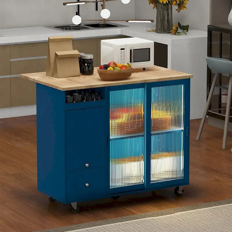 Desserte îlot de cuisine avec abattant, lumières LED, roues verrouillables et pieds en bois