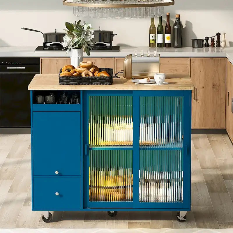 Desserte îlot de cuisine avec abattant, lumières LED, roues verrouillables et pieds en bois
