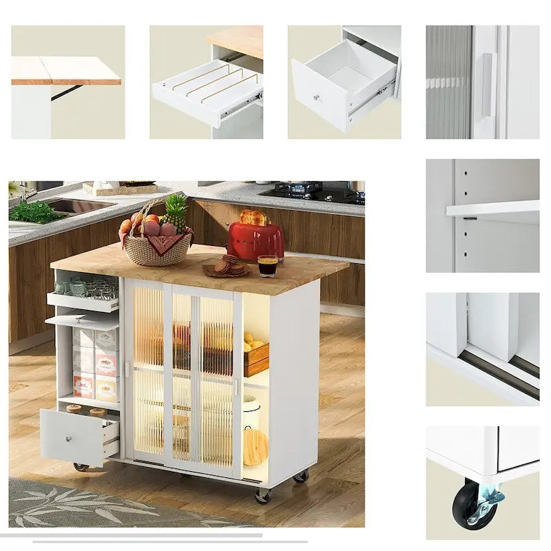 Desserte îlot de cuisine avec abattant, lumières LED, roues verrouillables et pieds en bois