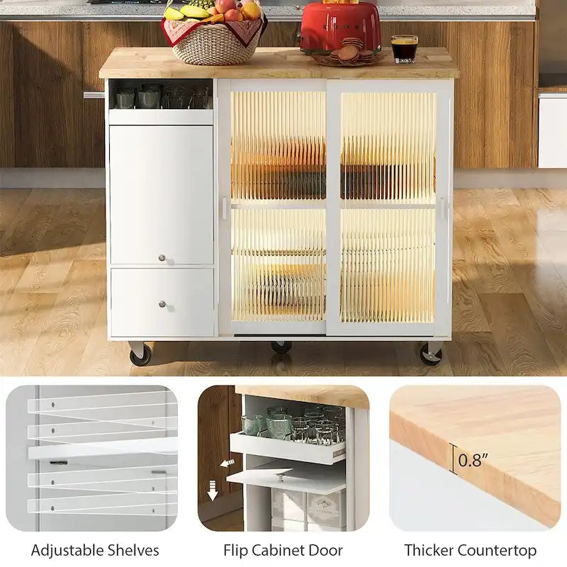 Desserte îlot de cuisine avec abattant, lumières LED, roues verrouillables et pieds en bois