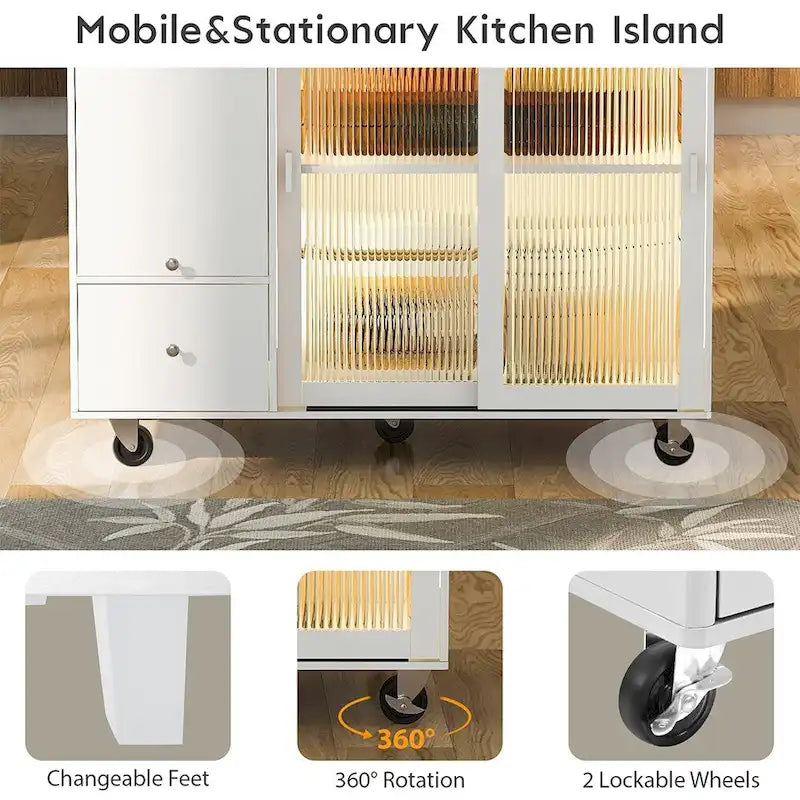 Desserte îlot de cuisine avec abattant, lumières LED, roues verrouillables et pieds en bois