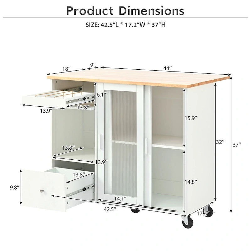 Desserte îlot de cuisine avec abattant, lumières LED, roues verrouillables et pieds en bois