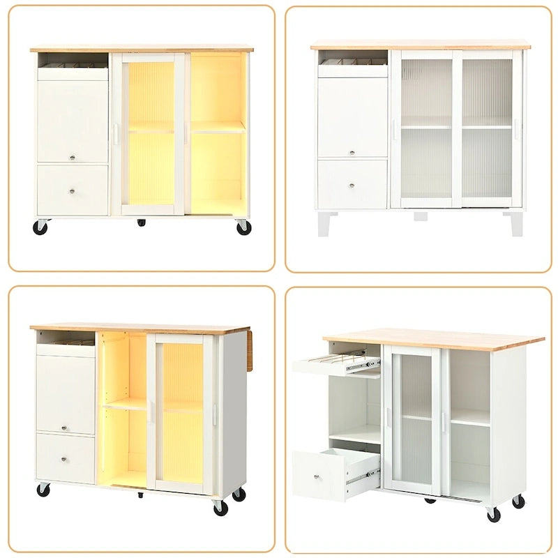 Desserte îlot de cuisine avec abattant, lumières LED, roues verrouillables et pieds en bois