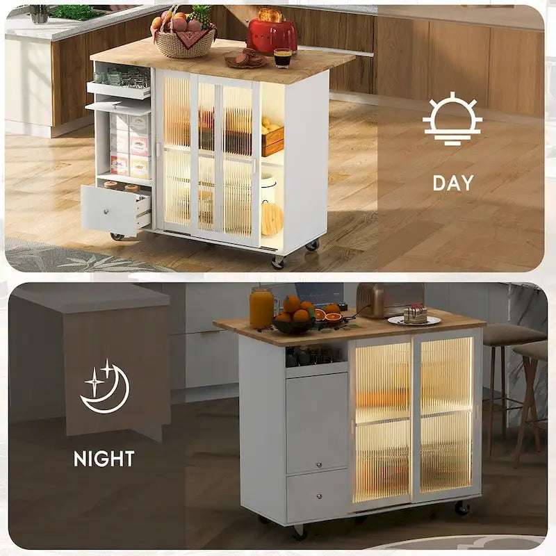 Desserte îlot de cuisine avec abattant, lumières LED, roues verrouillables et pieds en bois