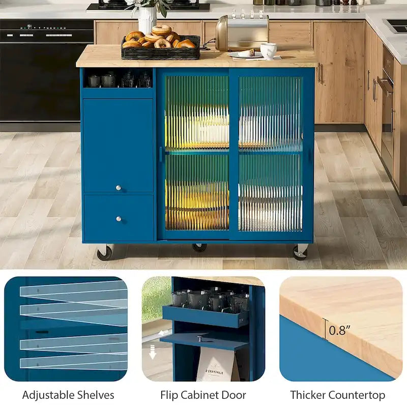 Desserte îlot de cuisine avec abattant, lumières LED, roues verrouillables et pieds en bois