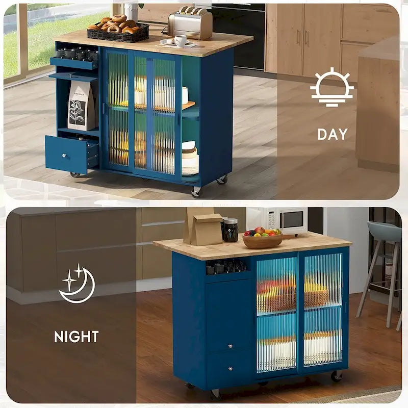 Desserte îlot de cuisine avec abattant, lumières LED, roues verrouillables et pieds en bois