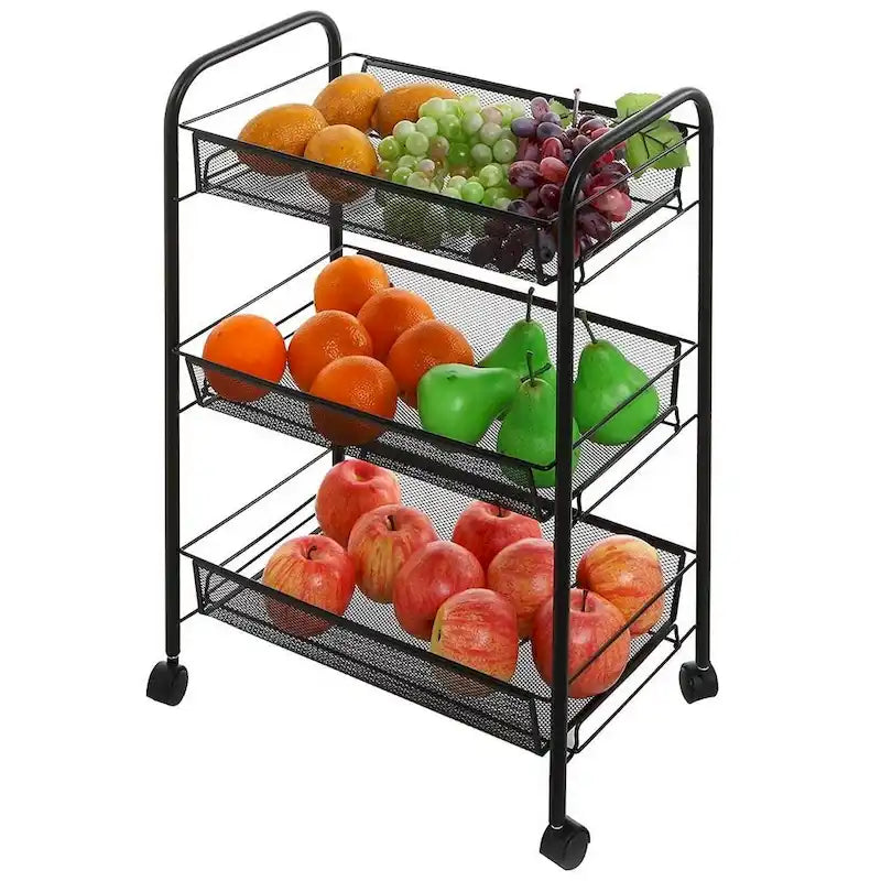 Chariot de rangement à roulettes à 3 niveaux avec paniers en filet
