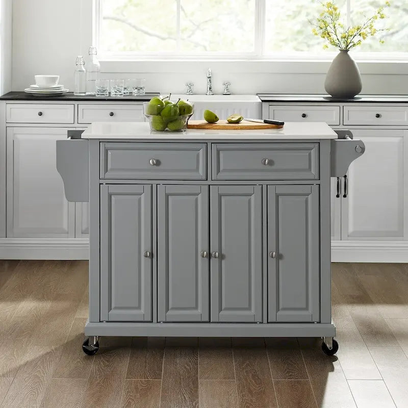 Îlot de cuisine avec plateau en granit pleine grandeur et tiroirs de rangement gris blanc